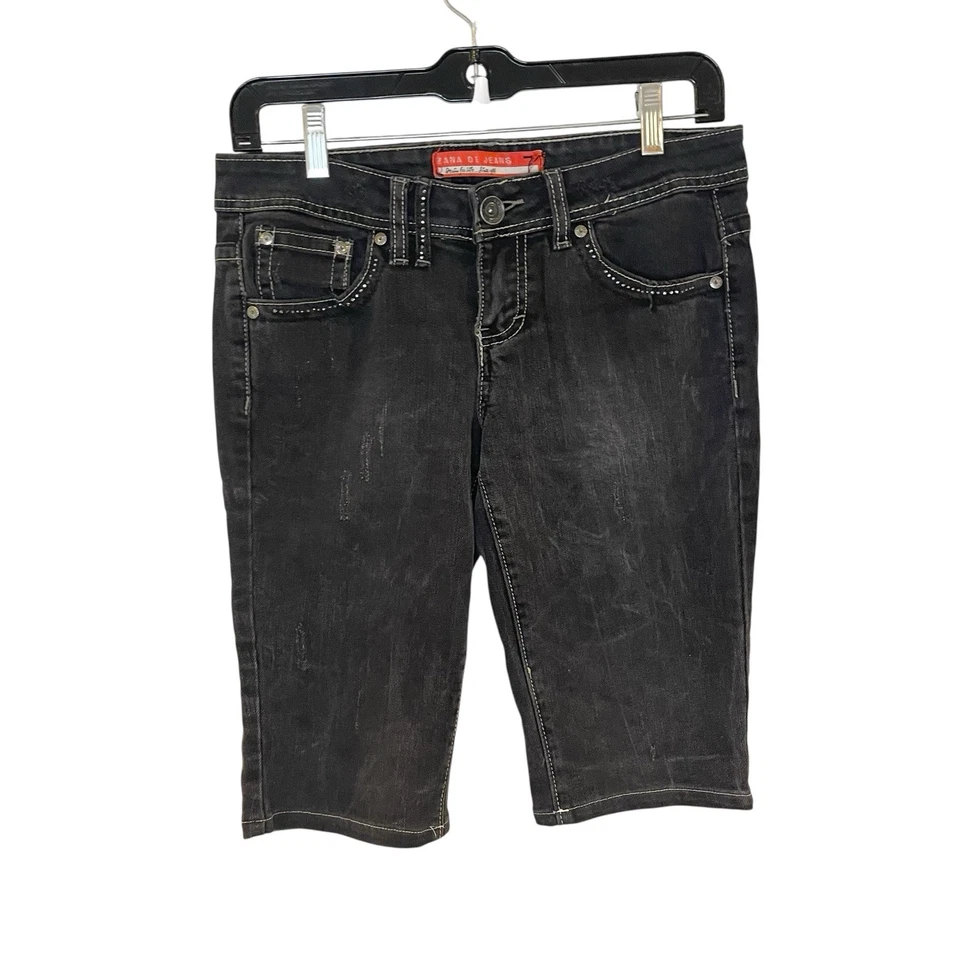 Женские джинсовые шорты Zana Di Bermuda 7 черные искусственно состаренные со стразами средняя посадка Y2k - Изображение 1 из 4
