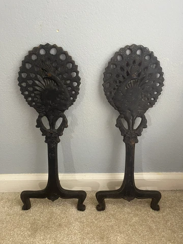 Antique Pair of Cast Iron Peacock Fireplace Andirons Cover