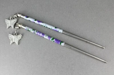Purple set 2 dangle butterfly floral hair chop sticks picks pins 6 1/8" long - Image 1 of 4