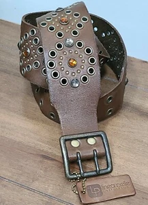 NEW Linea Pelle Belt Jeweled Stud Leather Brown Brass Buckle Medium 33" 40" - Picture 1 of 9