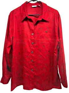 Chico’s Women Symbols Button Up Red Long Sleeve Collared Shirt Sz 3 Blouse - Picture 1 of 11