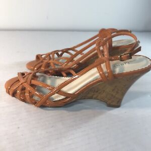 Fidni Orange Patent Faux Leather Strappy 3in Wedge Heels Womens Size 6.5W