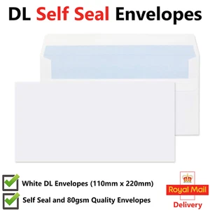 Sobres DL Calidad Blanco Auto Sellado 80gsm Papel Liso Fuerte 110mm X 220mm - Imagen 1 de 15