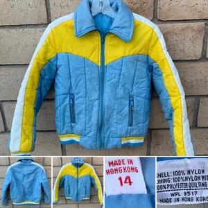 Vintage Skijacke hellblau gelb weiß Schnee 70er 80er Kinder Jugend Größe 14 - Bild 1 von 24