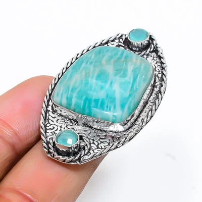 Anello In Argento Sterling 925 Fatto A Mano In Amazonite E Calcedonio Misura 6 - Immagine 1 di 4