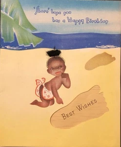 Vintage Birthday Card Adorable Little Black Girl On The Beach Large Footprints - Picture 1 of 5