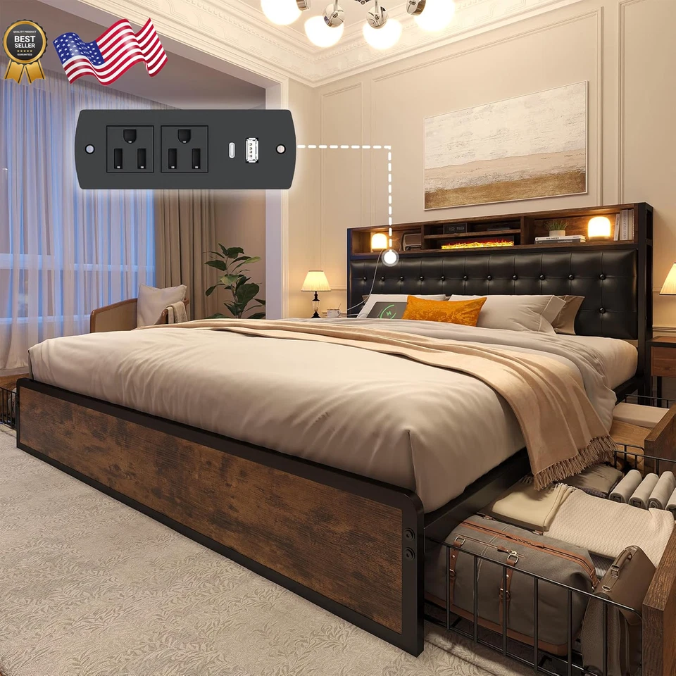 Marco de cama king size con 4 cajones de almacenamiento marco de cama king y cabecero tapizado Foto 1 de 4