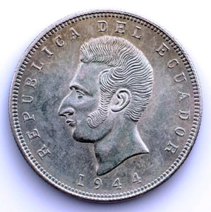 SC-Ecuador. 5 Sucres 1944. Mexíco. EBC/XF Plata 24,9 g. - Imagen 1 de 2