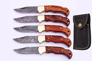 Damascus steel Folding Pocket Knife Lot Bone Stag Horn Wood Handle with Sheath - Picture 1 of 40