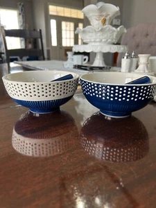 Indigo Vibes Polka Dot Dip Bowl w/Spreader Knife Set of 2 Blue White Polka Dot - Picture 1 of 12