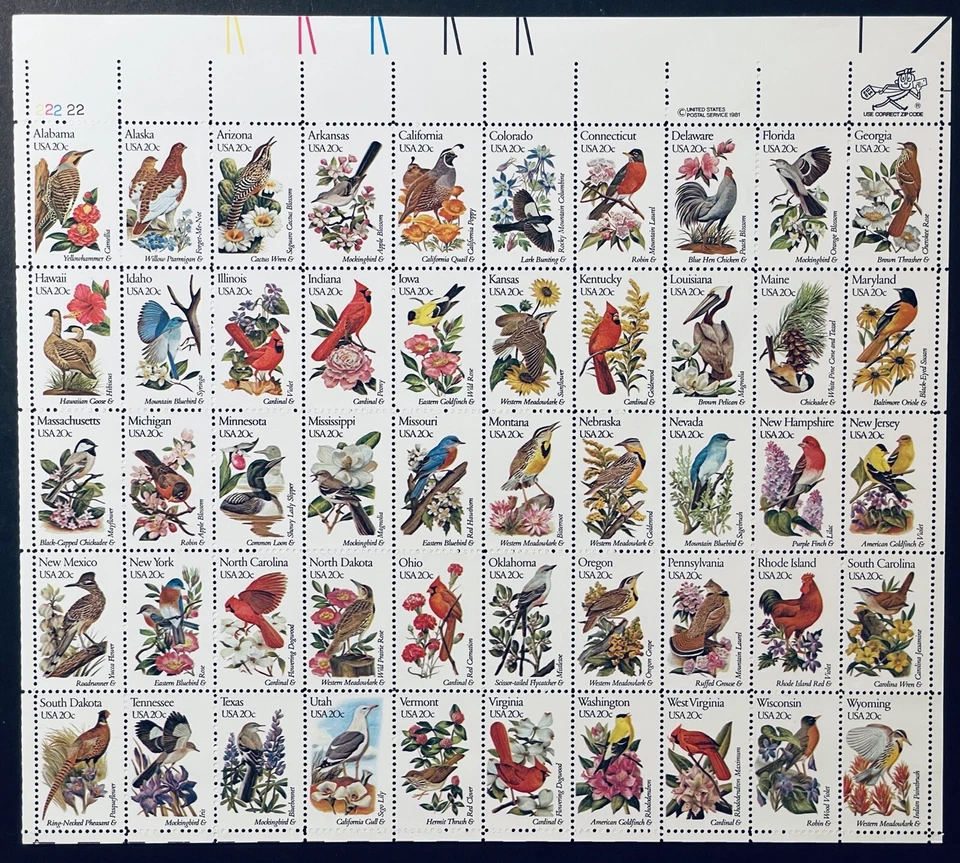EUA 1982 MNH ESTADO PÁSSAROS E FLORES .20c FOLHA DE SELOS DE 50 SCOTT #1953-2002 ROBIN - Imagem 1 de 1