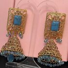Asian Indian Pakistani Gold Plated Ferozi Turquoise Jumki Earrings Jewellery Gif