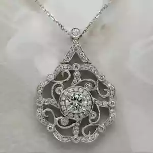 Art Deco Style Lab Created Diamond Engagement 14K White Gold Finish Pendant - Picture 1 of 7