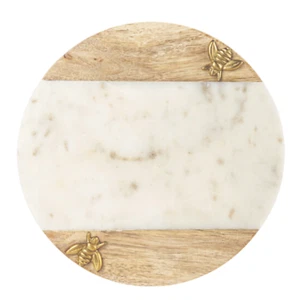 GANZ Round White Marble & Wood Charcuterie/Cutting Board with Gold Bee Accents - Picture 1 of 12