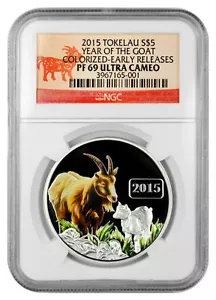 Rare 2015 Tokelau Large 1 OZ.999 Silver Color Proof $1 Year OfThe Goat-NGC 69 UC - Picture 1 of 2