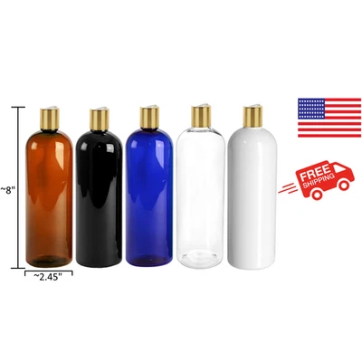 Botella PET Cosmo de 16 oz con tapas de disco de oro.(A granel) Foto 1 de 4