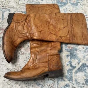 Frye Melissa Trapunto Pull On Riding Boots US 6.5 B Marbled Leather Tan Brown - Picture 1 of 8