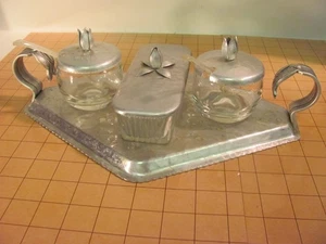 Vtg. Rodney Kent Hammered Aluminum Condiment Tray w/ 2 Glass Jars & Butter Dish - Picture 1 of 15