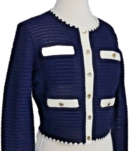 Self Portrait Navy White Contrast Trim Short Cardigan Crochet Sweater Jacket L - Picture 1 of 18
