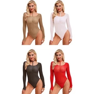 Women Leotard Sexy Lingerie Snaps Crotch Jumpsuit See Through Unitard Glossy - Picture 1 of 47