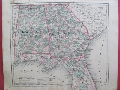 MAPAS DE COLTON DE FLORIDA AL GA MS AR LA ORIGINAL 1873 COLOREADOS con CIUDADES FERROVIARIAS Foto 1 de 4