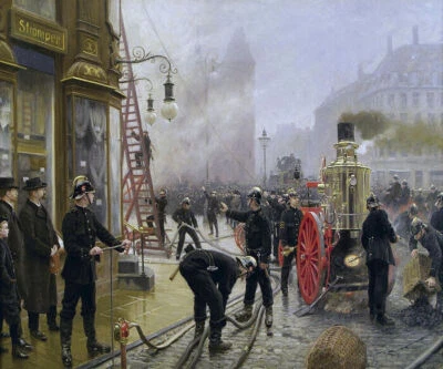 FUEGO EN KULTORVET COPENHAGUE 1900 PINTURA BOMBEROS POR PAUL GUSTAV FISCHER REPRO Foto 1 de 3