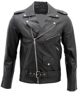 Men's Stylish Brando Casual Black Leather Biker Jacket - Picture 1 of 7