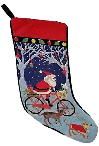 Lands' End Santa Bicycle Needlepoint Christmas Stocking Nathan Monogram C25 - Picture 1 of 9