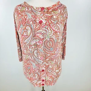 Talbots Cardigan Women's 1X Pink Red White Preppy Paisley Grandma Knit Sweater - Picture 1 of 9