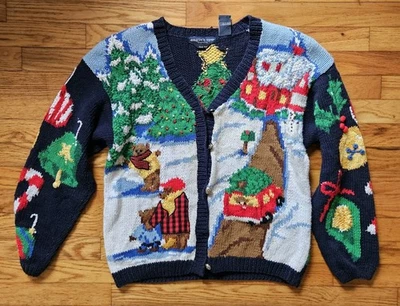 Vtg 90s Eagle's Eye Bear Family Christmas Holiday Knit Sweater Sz L Novelty - Image 1 of 4