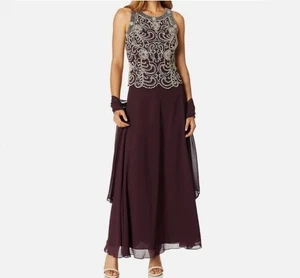 J Kara Sleeveless Scallop Long Beaded Dress With Scarf Size 16P Burgundy Wedding - Picture 1 of 14