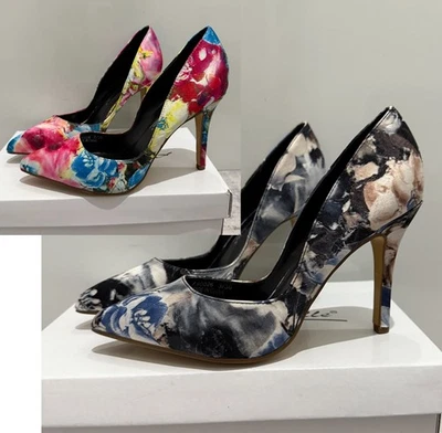 Womens Elegant Floral Satin Pointed Toe Court Shoes Heels Navy Pink Narrow Fit - Image 1 of 4