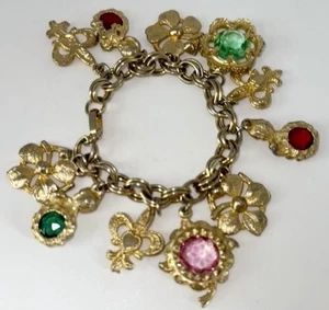 Vintage Mid Century Gold Tone Charm Bracelet 7” Glass Stones Fleur de Lis Clover - Picture 1 of 9