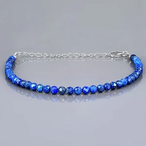 Natural Gem Blue Lapis Lazuli 4mm Round Faceted Beads 925 Silver Bracelet 22CM - Picture 1 of 5