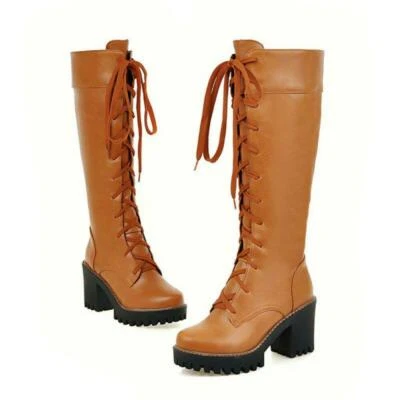 Womens Sexy Up Knee High Winter Boots Platform Chunky High Heels Combat Boots Sz - Image 1 of 4