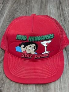 Vintage 80s 90s Trucker Hat "Avoid Hangovers Stay Drunk" Cartoon Snap Back  - Picture 1 of 24