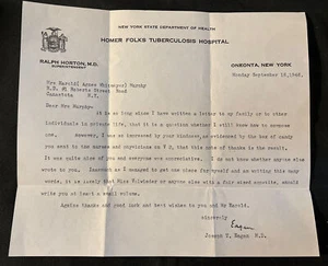 De colección 1946 HOMER FOLKS HOSPITAL DE TUBERCULOSIS Membrete Dr. Joseph Eagan Oneonta NY - Imagen 1 de 8