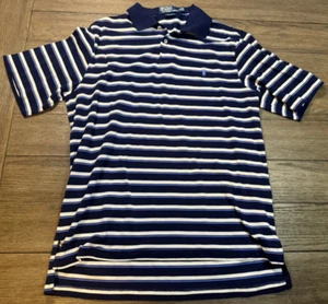 Polo Ralph Lauren Shirt Mens Medium White Blue Striped Golf Fit Polo Cotton - Picture 1 of 5