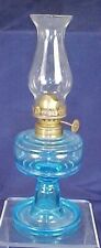 Antique Saucer Base Pattern Blue Glass Miniature Oil Lamp Clear Glass Chimney