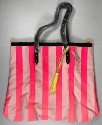Victoria's Secret 2018 Pink Striped Beach Canvas Travel Tote Weekender Bag - Image 1 of 4