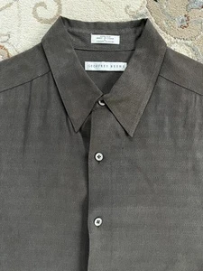 Geoffrey Beene Mens Large Brown Short Sleeve Button Up 100% Silk Shirt Washable - Picture 1 of 6
