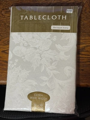 70 X 90 Inch Cotton Blend Oblong Tablecloth. Baroque Ivory Holly Holiday - Image 1 of 4