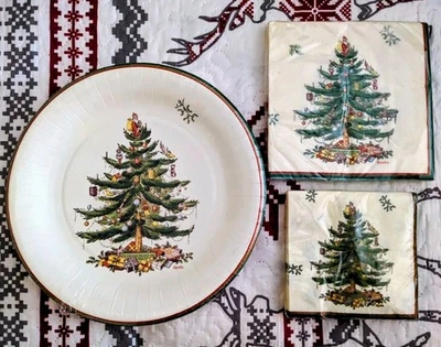 NOVO LOTE SPODE ÁRVORE DE NATAL PAPEL CONVIDADO 16 GUARDANAPOS DE JANTAR, 12 PRATOS E 20 BEV - Imagem 1 de 3