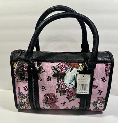 Ed Hardy Pink Skull & Roses Print Satchel  Crossbody Bag - Image 1 of 4