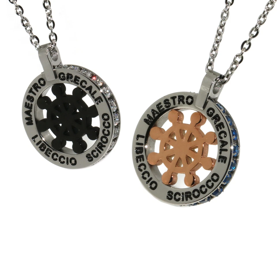 collana acciaio ciondolo nero oro timone ancora rosa dei venti ruota zirconi blu - Immagine 1 di 4