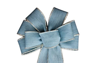 Small 6" Blue with Silver Edge Linen Wired Wreath Bow - Christmas - Handmade - Image 1 of 4