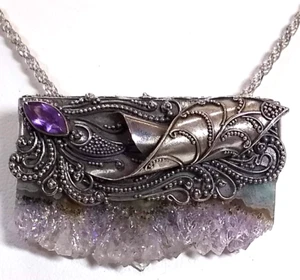 Vtg Artist HandMade Sterling Silver Amethyst Slice Filigree Pendant Necklace Pin - Picture 1 of 20
