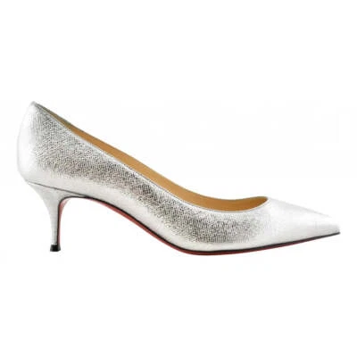 Christian Louboutin Kate 55 Silver Calf Lame Tweed Kitten Low Heel Pump Shoe 37 - Image 1 of 4