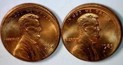 1984 & 1985 OFF CENTER ERROR Lincoln Cent BU ++ RED Coins  NICE 2 Coin LOT   NR - Image 1 of 4