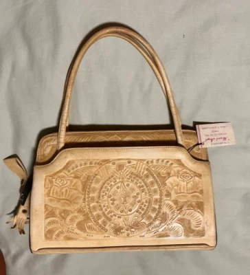 Vintage Handmade Bag Mexican Purse Thick Leather Handbag 1973 Rose Aztec sun - Image 1 of 4